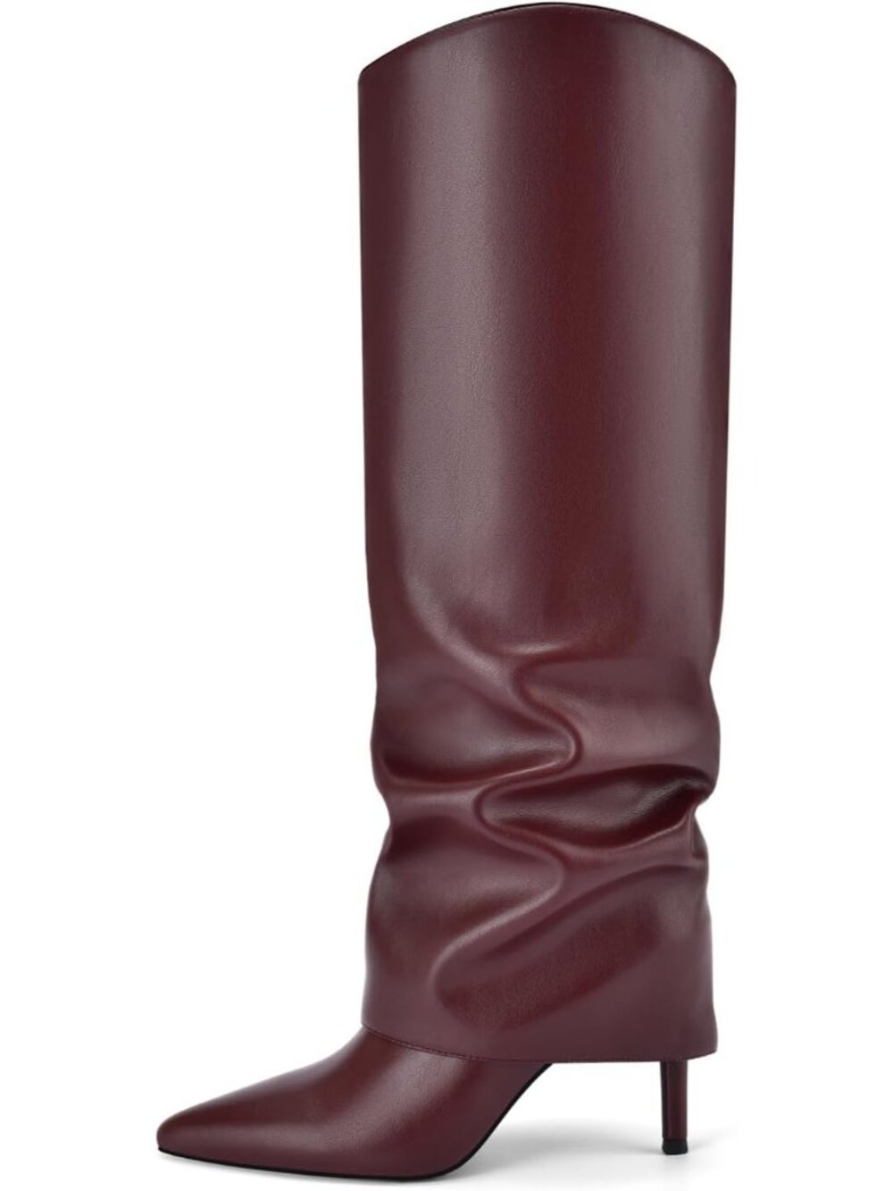 Women's Wine Red Fold Over Knee High Boots Pointed Toe Slouch Long Heeled Boots